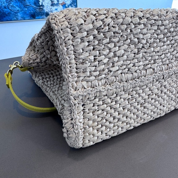 Clare V. Simple Woven Raffia Tote Bag with Yellow Straps and Denim Interior - Picture 6 of 10